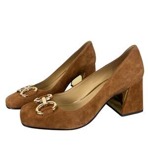 Nine West West Caven Brown Gold Horse-Bit Slip-On Block Chunky Heels 9.5